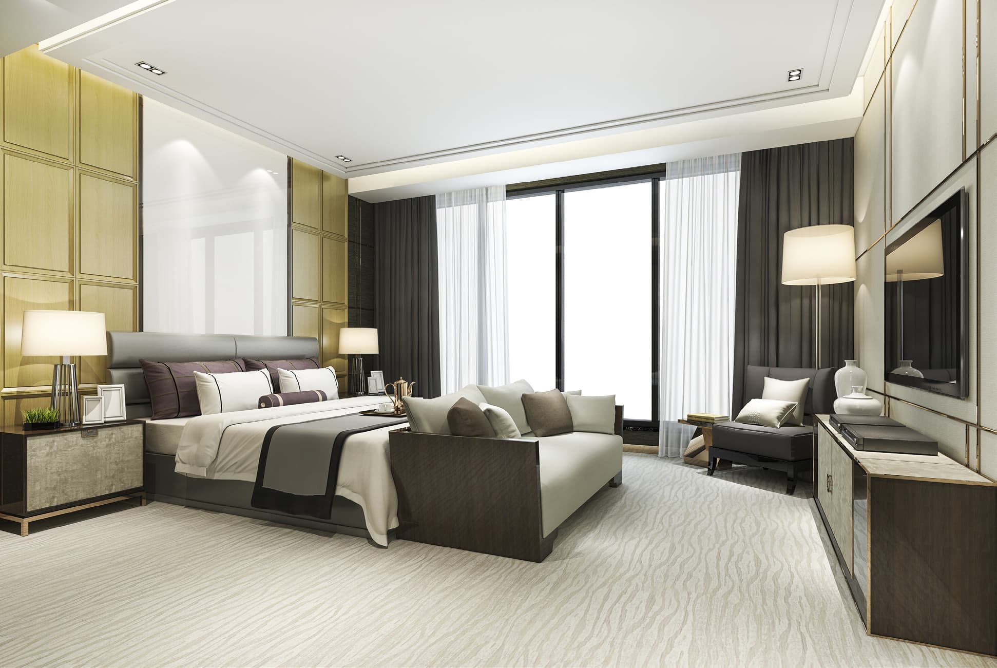 A bedroom in a Seven Cities residence, with floor-to-ceiling windows